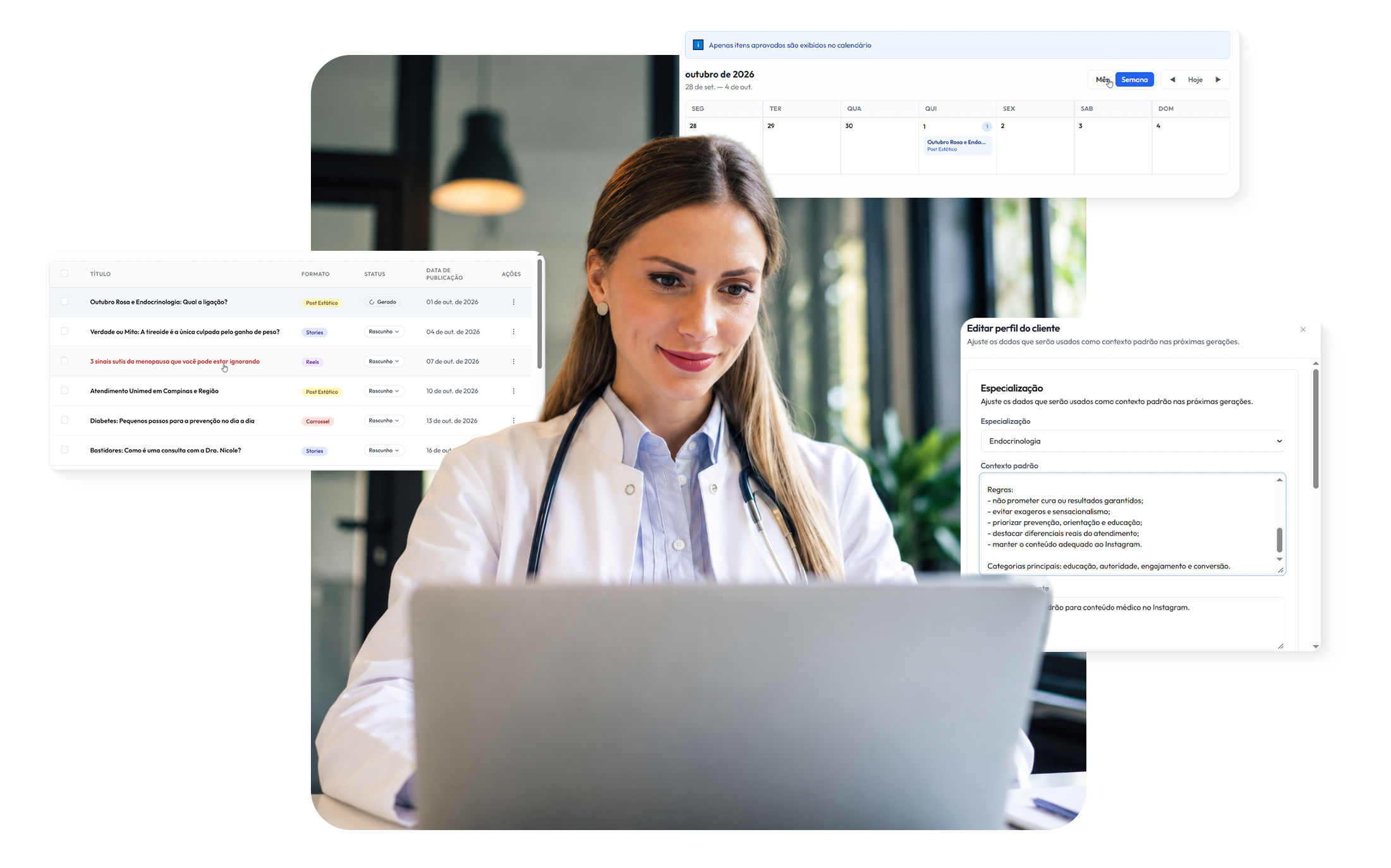 Médica trabalhando com uma representação de calendário de conteúdos